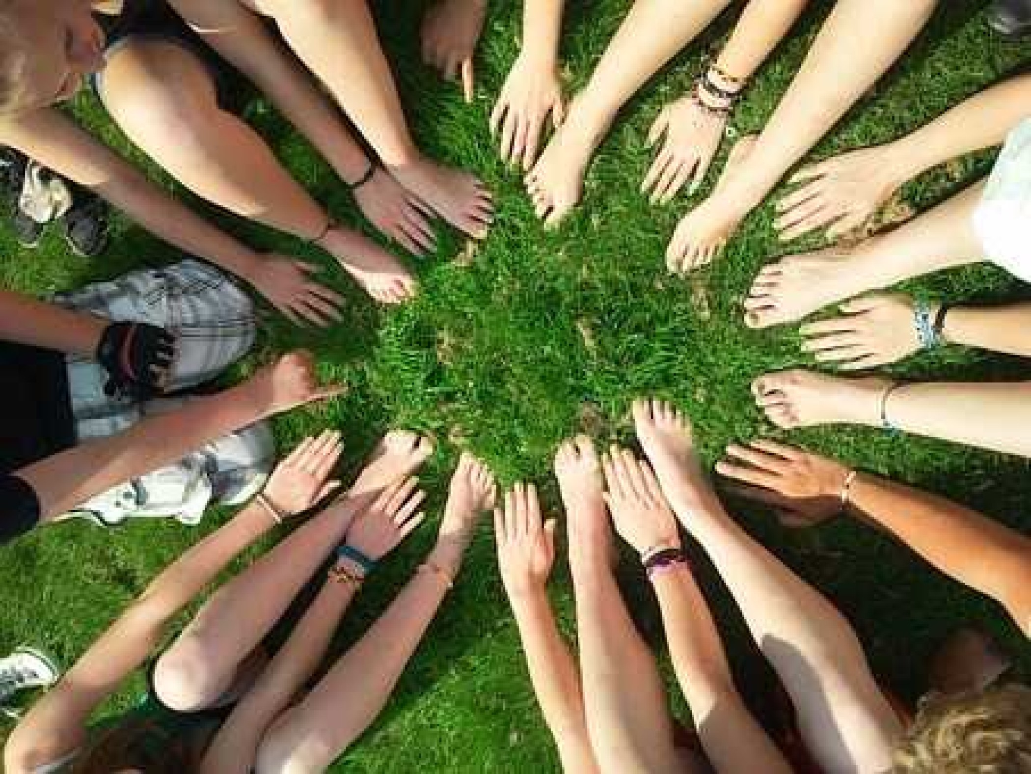 Activité scolaire citoyenneté : le petit coopérateur Photo de lactivité scolaire citoyenneté : petit coopérateur montrant les mains denfants posées en rond dans lherbe verte